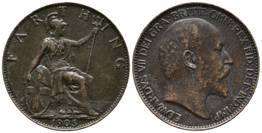 Великобритания 1 фартинг 1905 Эдуард VII (1901-1910), KM 792, Spink 3992 бронза 34-931