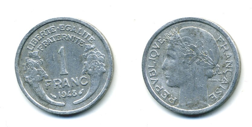 ФРАНЦИЯ 1 ФРАНК 1948 ТИП MORLON, LEGERE KM 885a.1, LE FRANC 221.13 алюминий 23-1021