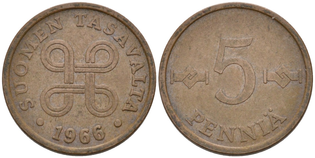 ФИНЛЯНДИЯ 5 ПЕННИ 1966 KM 45 медь 4549-134