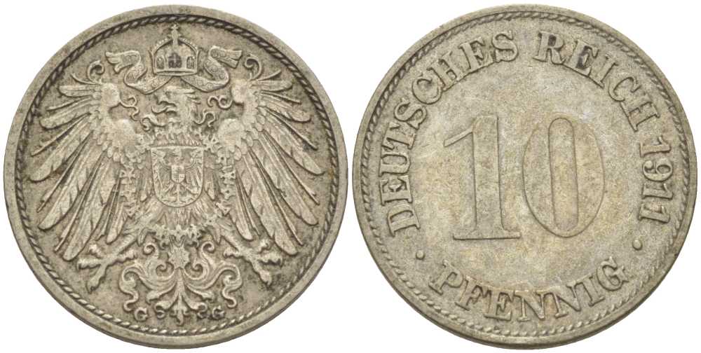 ГЕРМАНИЯ 10 ПФЕННИГОВ 1911 G KM 12, J. 13, Weege 8 медно-никель 212-142