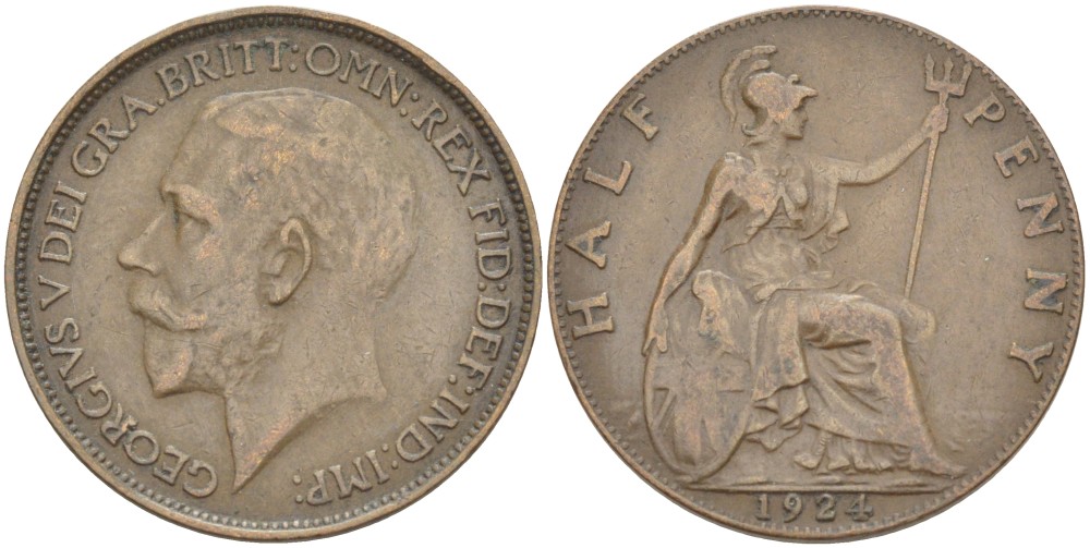 Великобритания 1/2 пенни 1924 Георг V (1910-1936) KM 809, Spink 4056 бронза 4514-653