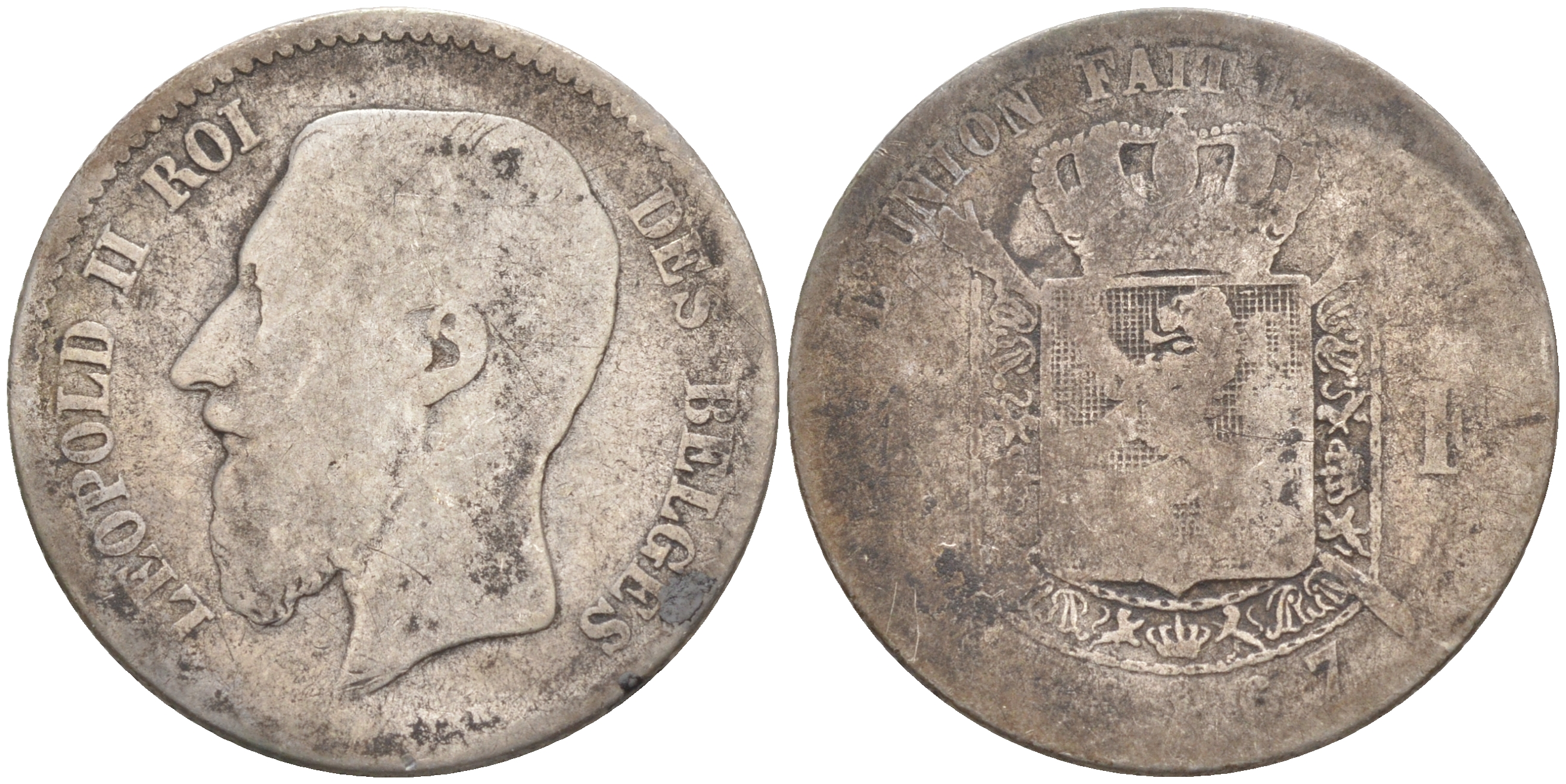 БЕЛЬГИЯ 1 ФРАНК 1867 ЛЕОПОЛЬД II (1865-1909), BELGES KM 28.1 серебро 4114-956