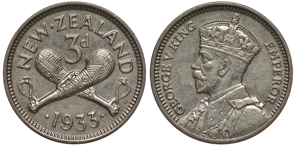 Новая Зеландия 3 пенса 1933 Георг V (1910-1936) KM 1 серебро aUNC 272-221