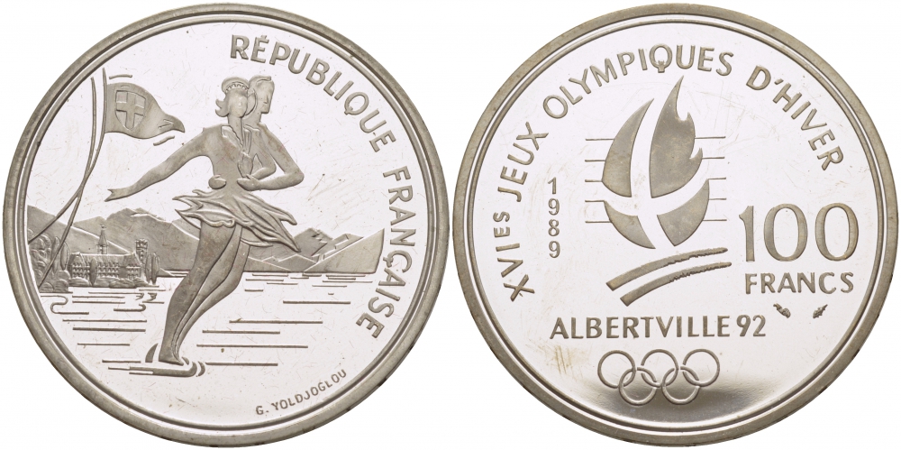 Франция 100 франков 1989 XVI Зимние Олимпийские игры 1992 в Альбервиле, парное фигурное катание KM 972 серебро PROOF 1071-10-14