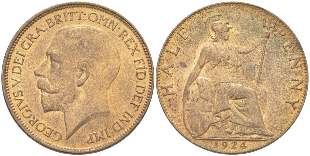 Великобритания 1/2 пенни 1924 Георг V (1910-1936) KM 809, Spink 4056 бронза 4514-657