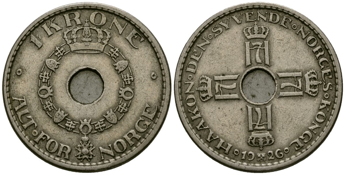 Норвегия 1 крона 1926 Хокон VII (1905 - 1957) KM 385 медно-никель 4584-712