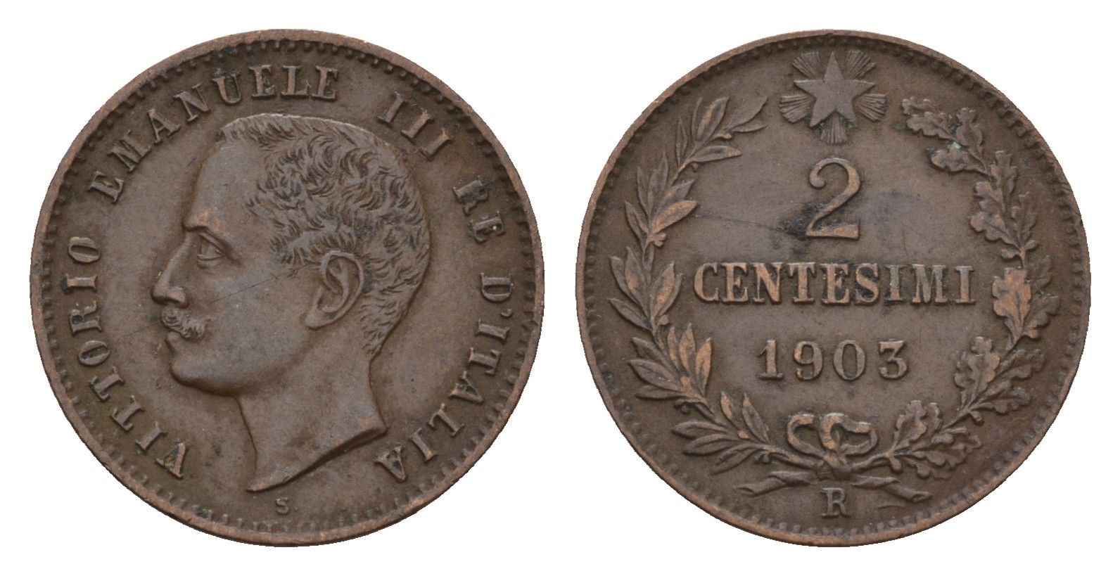 Италия 2 чентезимо 1903 R, Виктор Эммануил III (1900-1946) KM 38 бронза 105-1153