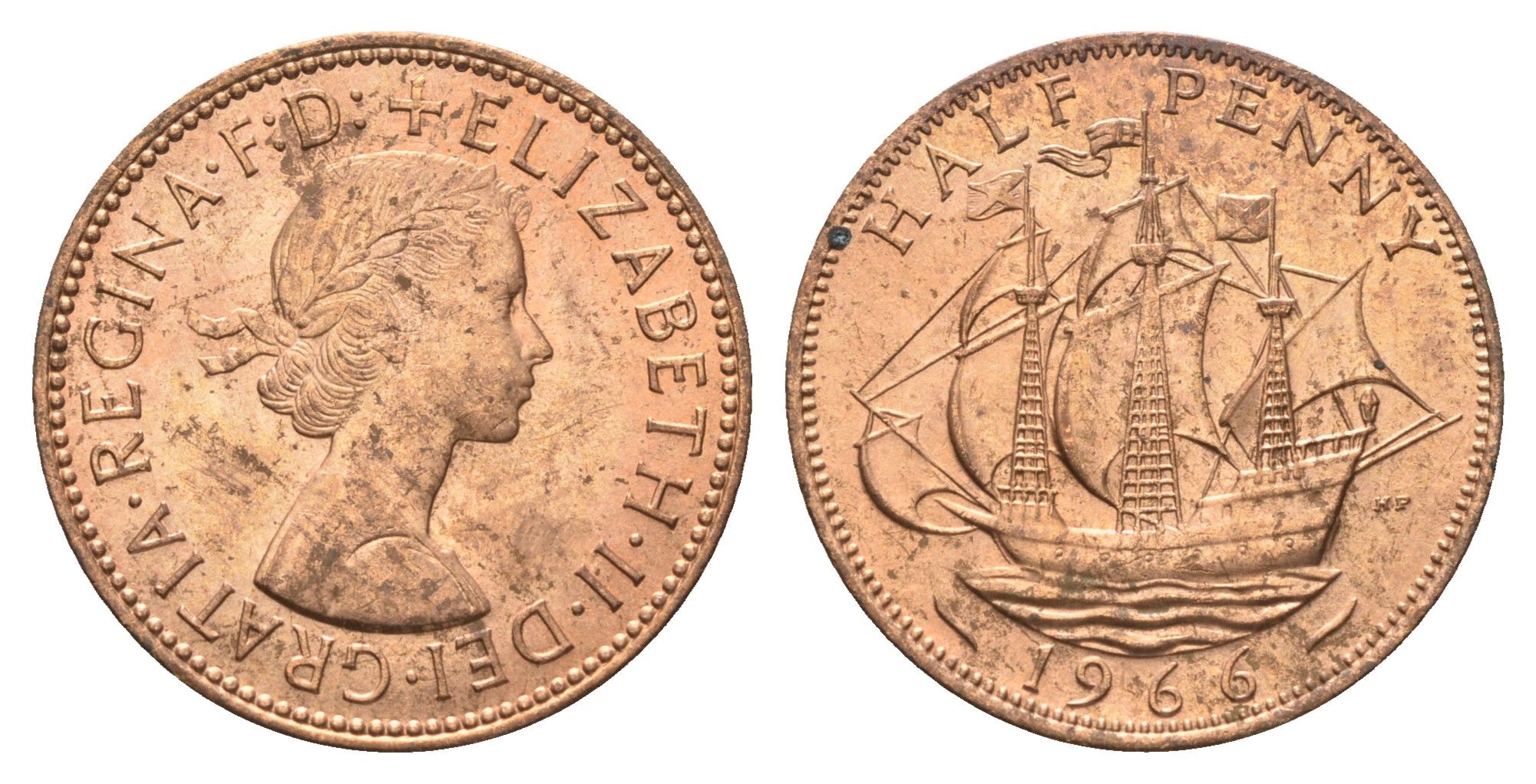 Великобритания 1/2 пенни 1966 Елизавета II (1952-2022) KM 896, Spink 4158 бронза aUNC 4662-1255