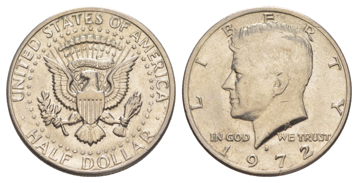 США 1/2 доллара (50 центов) 1972 D, Джон Кеннеди KM 202b медь плакированная медно-никелем aUNC 3855-611