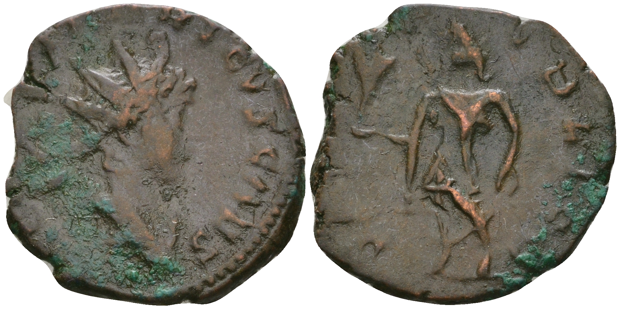 Римская Империя, императоры в Галлии антониниан 271 - 274 Тетрик II в ранге цезаря, C PIV ESV TETRICVS CAES, бюст цезаря / SPES AVGG, Спея, персонификация Мира, Августа Треверов RIC 270 биллон 1073-21-15