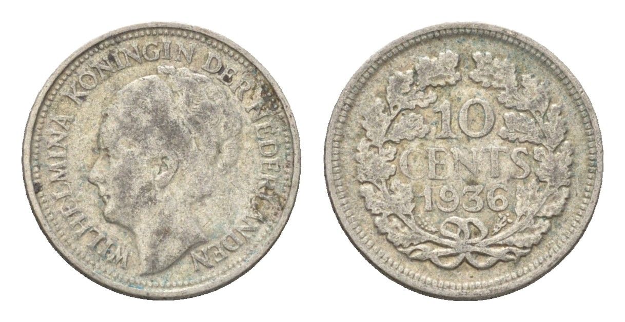 Нидерланды 10 центов 1936 Вильгельмина I (1890-1948) KM 163 серебро 4659-1156