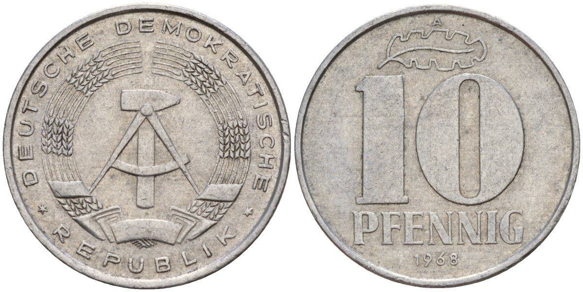 ГДР 10 пфеннигов 1968 A KM 10 алюминий 31-1016