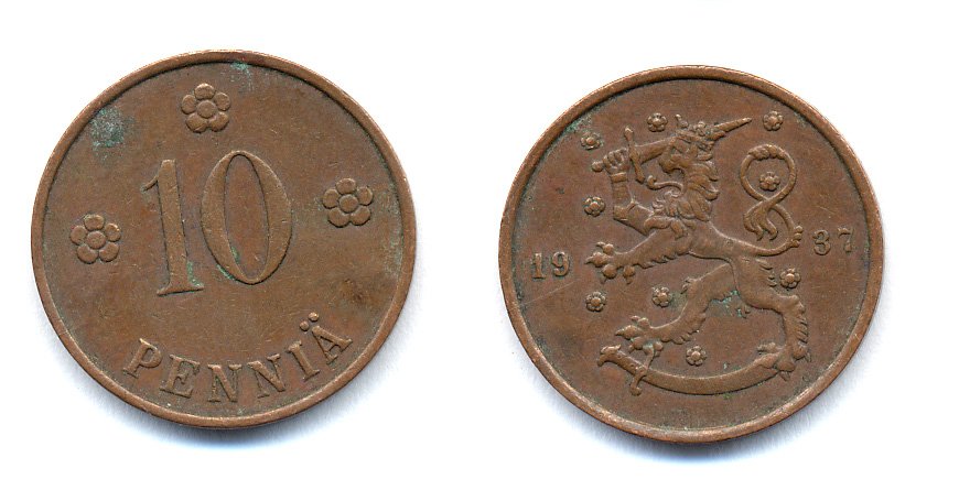 Финляндия 10 пенни 1937 KM 24 медь 51-5614