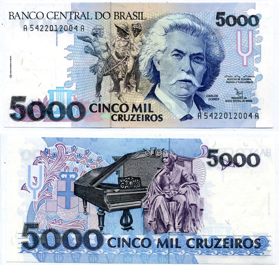 Бразилия 5000 крузейро 1992 серия А 5422, подпись 29 Pick 232b бумага UNC (пресс) 8603-42-2-1