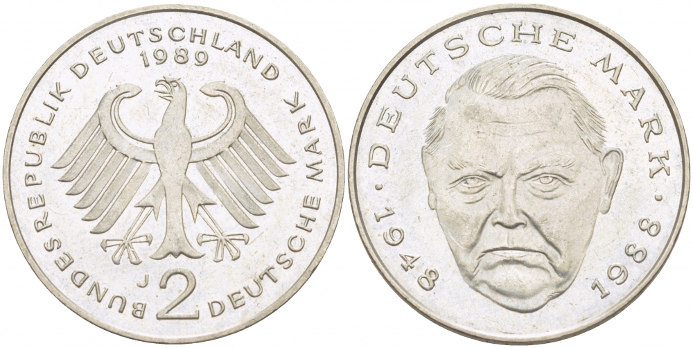 ФРГ 2 МАРКИ 1989 J ЛЮДВИГ ЭРХАРД KM 170 медно-никель 3718-954