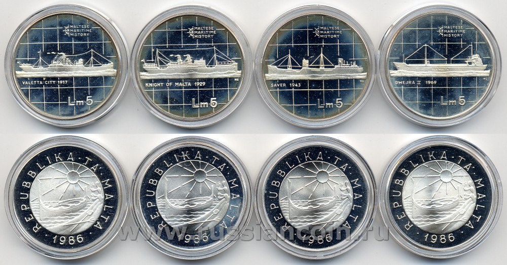 Мальта набор из 4 монет 1986 история мореходства Мальты, в фирменной коробке с сертификатом KM 83, 84, 85, 86 серебро PROOFLIKE 00-00