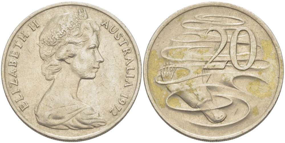 Австралия 20 центов 1972 Елизавета II (1952-2022), утконос KM 66 медно-никель 4521-123