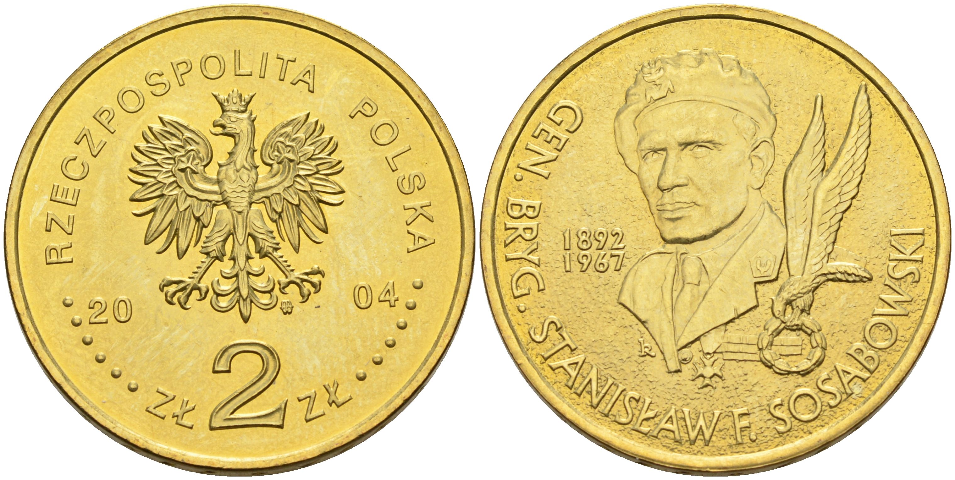 Польша 2 злотых 2004 MW, бригадный генерал Станислав Сосабовский (1892-1967) KM 499 нордик UNC 4676-141