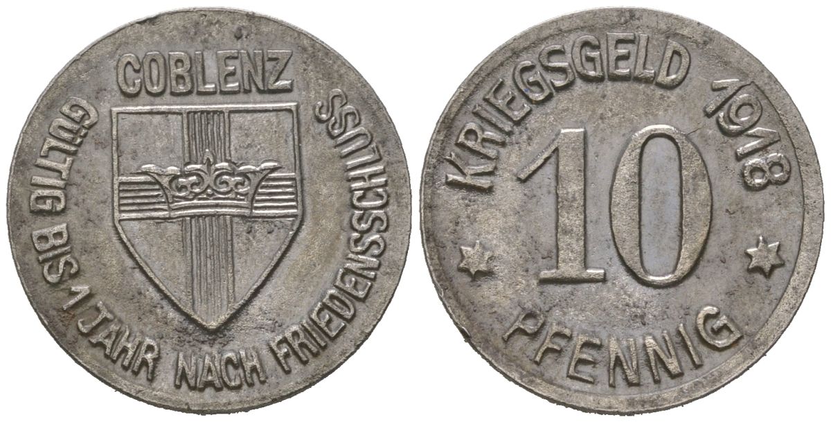 Кобленц 10 пфеннигов 1918 Funck 80.1A, Men05 4526.1, Men18 5727.1 железо 99-551