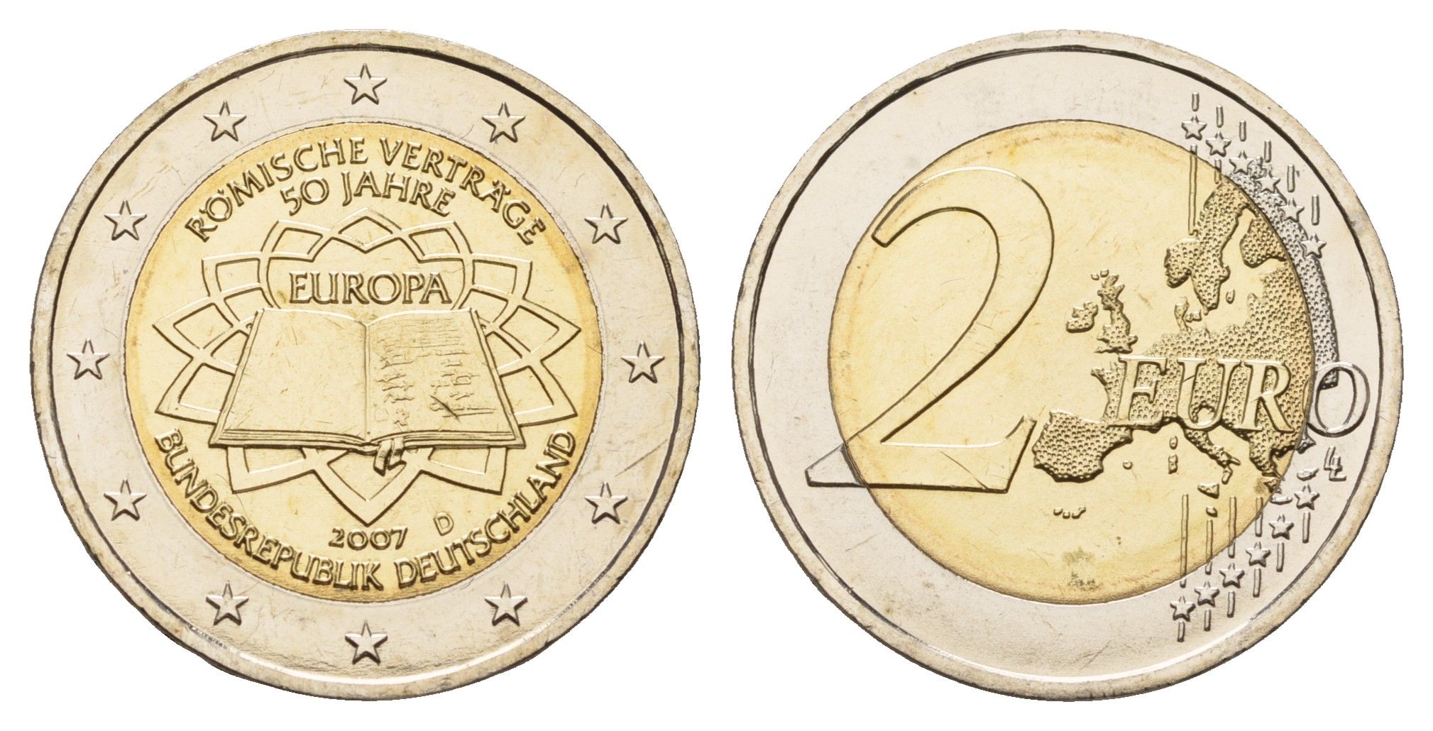 Германия 2 евро 2007 D, 50 лет подписанию Римского договора KM 259 биметалл UNC 1096-2-21