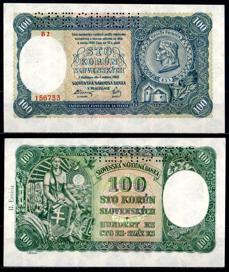 Словакия 100 крон 1940 образец, SPECIMEN, перфорация Pick 11 a бумага aUNC 451-1111-2