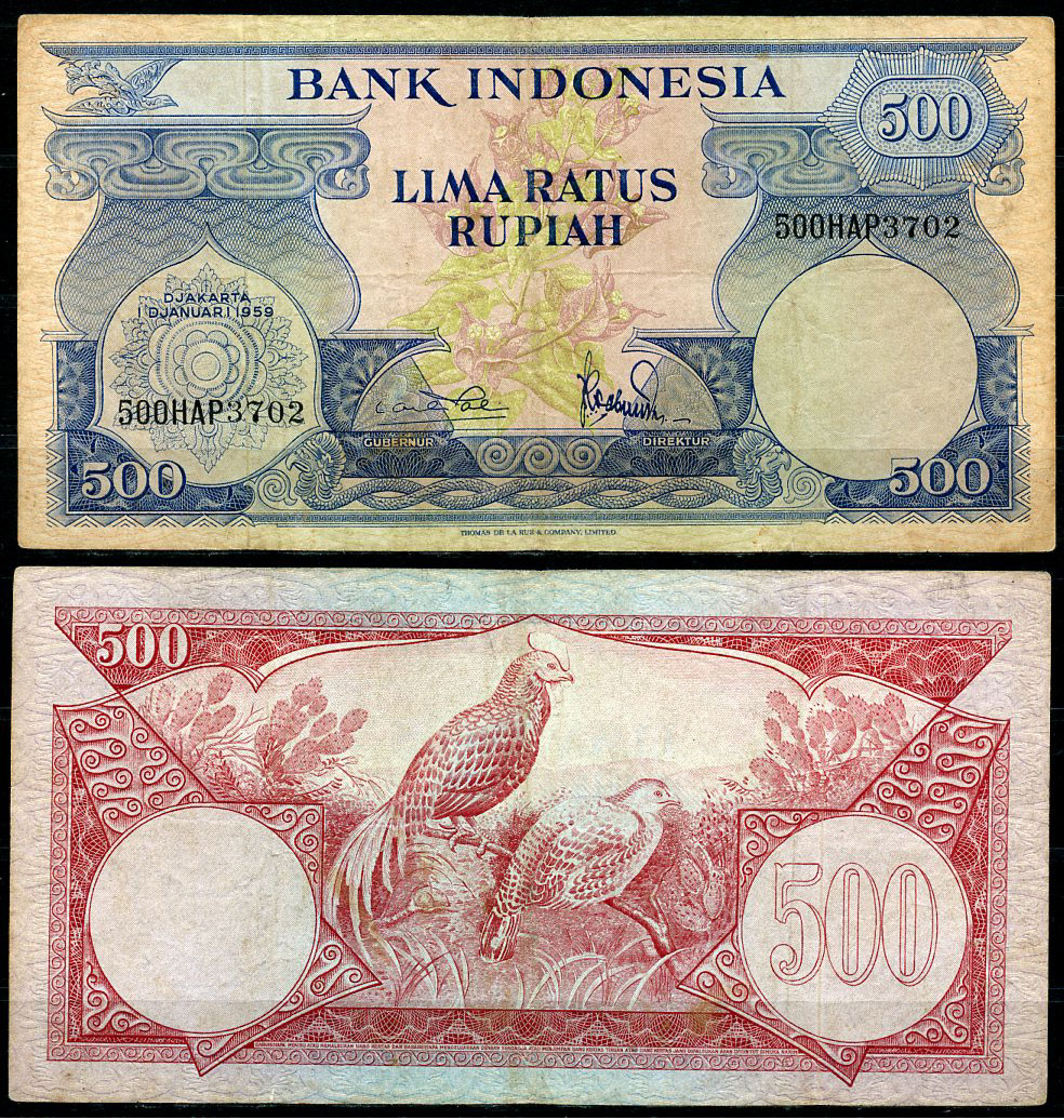 Индонезия 500 рупий 1959 цветы, зеленая лесная птица Pick 70 a  бумага   451-192-2
