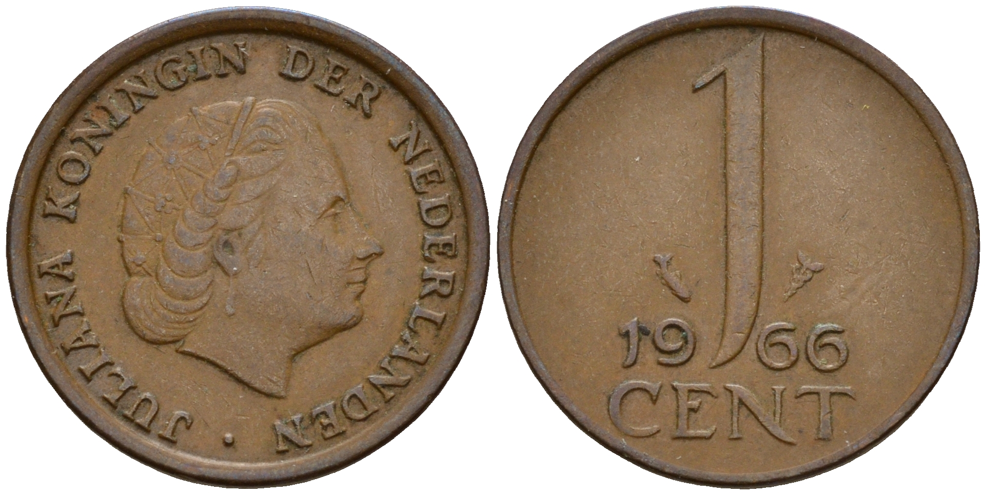 Нидерланды 1 цент 1966 Юлиана (1949-1980) small data KM 180 бронза    4598-246