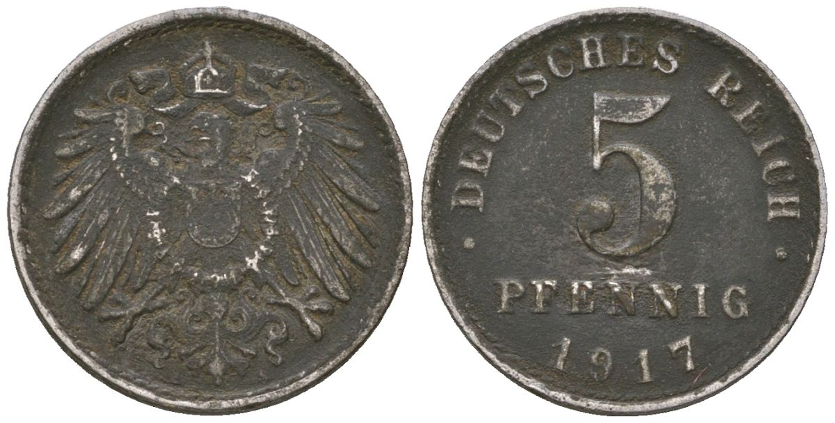 Германия 5 пфеннигов 1917 A, Вильгельм II (1888-1918) KM 19, AKS 17, J 297, Schon DM 20, Neum 33 железо 4588-226