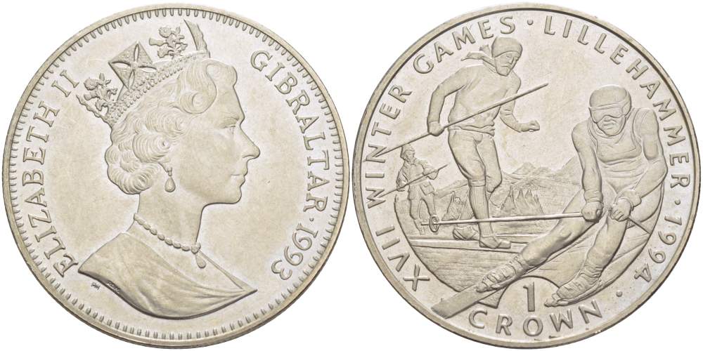 Гибралтар 1 крона 1993 XVII зимние Олимпийские игры 1994 года в Лиллехаммере, горные лыжи KM 148 медно-никель UNC 4527-514