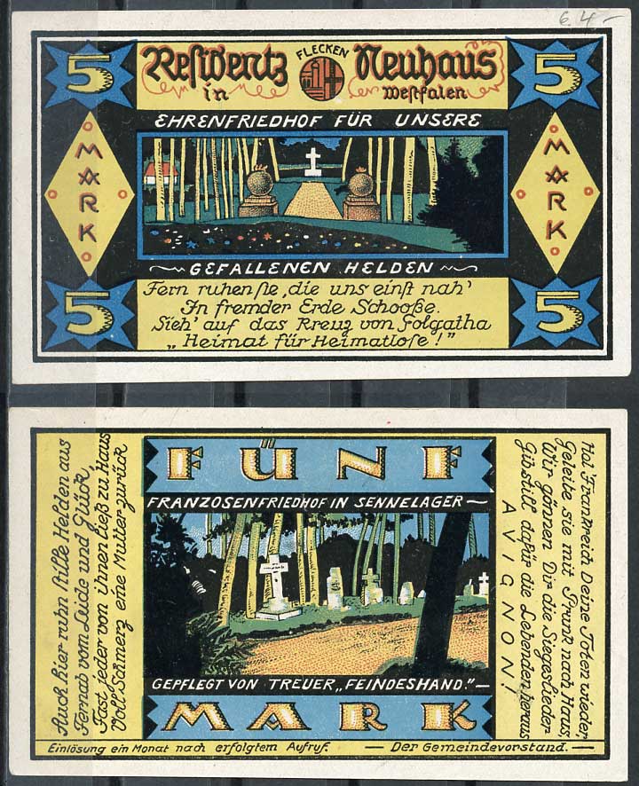 Германия, Нойхаус 5 марок ND нотгельд, кладбище Li. 918b-2, M. 945.4 бумага UNC (пресс) 444-81-1-2