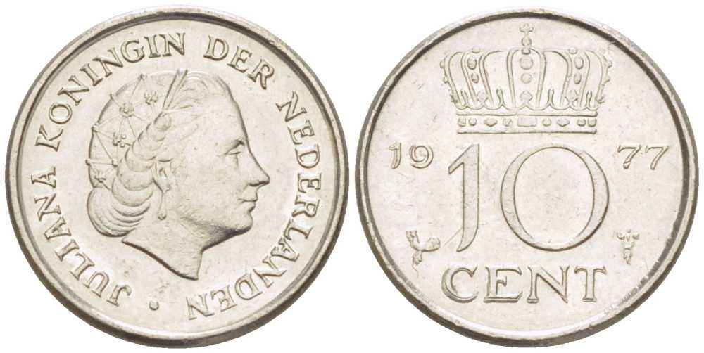 НИДЕРЛАНДЫ 10 ЦЕНТОВ 1977 ЮЛИАНА (1948-1980) KM 182 никель 211-1232