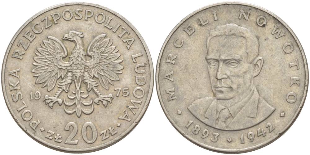 Польша 20 злотых 1975 Марцелий Новотко, монетный двор Кремница KM 69, Parchimowicz 246b медно-никель 4542-1141