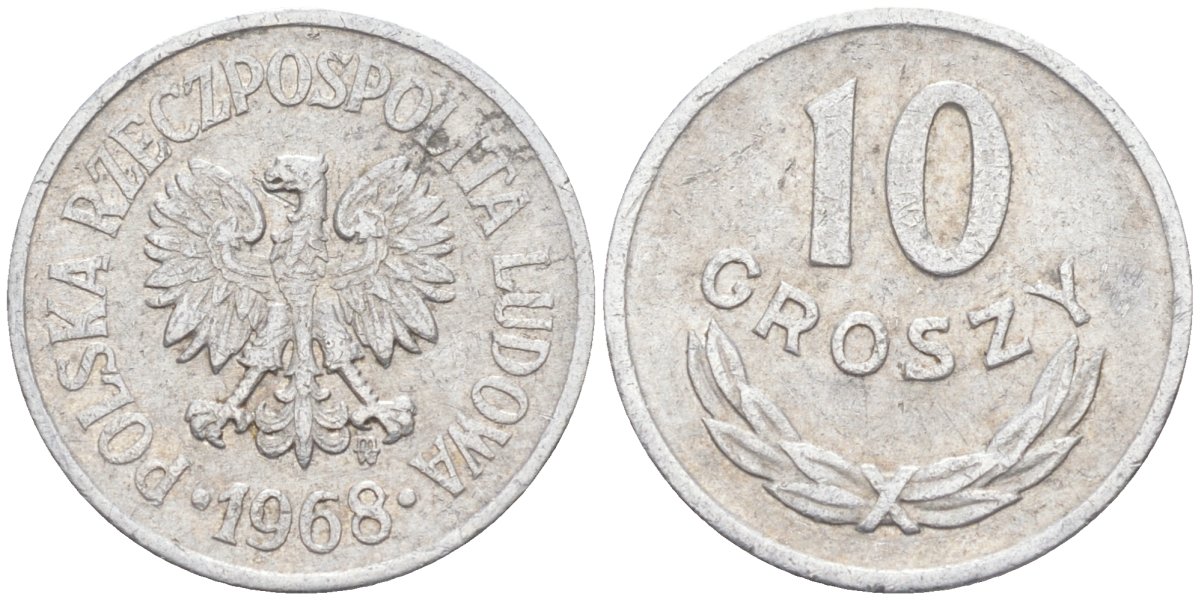 Польша 10 грошей 1968 MW, редкий год KM 48.1, Parchimowicz 210d алюминий 187-436