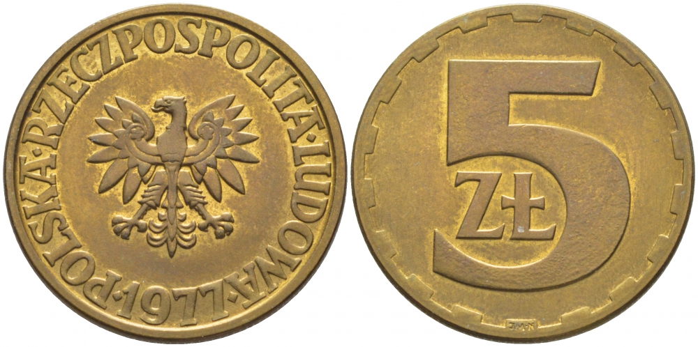 Польша 5 злотых 1977 монетный двор Ленинград (ЛМД) KM 81.1, Parchimowicz 221c латунь XF-UNC 3856-553