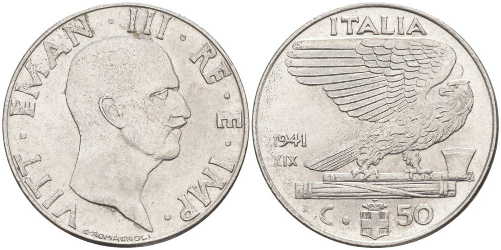 ИТАЛИЯ 50 ЧЕНТЕЗИМО 1941 R, ГОД XIX, ВИКТОР ЭММАНУИЛ III (1900-1946) KM 76b, VEM3. 1063 нержавеющая сталь 3853-324