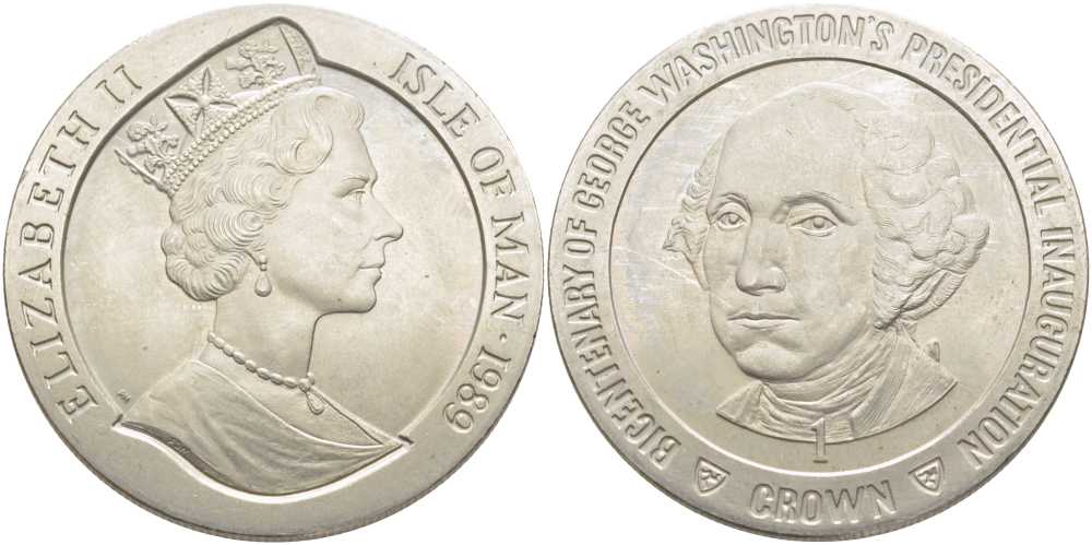 ОСТРОВ МЭН 1 КРОНА 1989 200 ЛЕТ ИНАУГУРАЦИИ ПРЕЗИДЕНТА ВАШИНГТОНА, ГОЛОВА ВАШИНГТОНА KM 247 медно-никель UNC 107-921