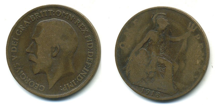 Великобритания 1 пенни 1918 Георг V (1910-1936) КМ 810, Spink 4051 бронза 4110-211