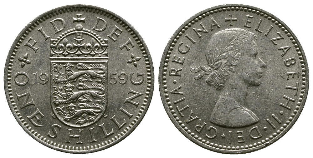 Великобритания 1 шиллинг 1959 Елизавета II (1952-2022), Английский герб KM 904, Spink 4147 медно-никель 4384-357