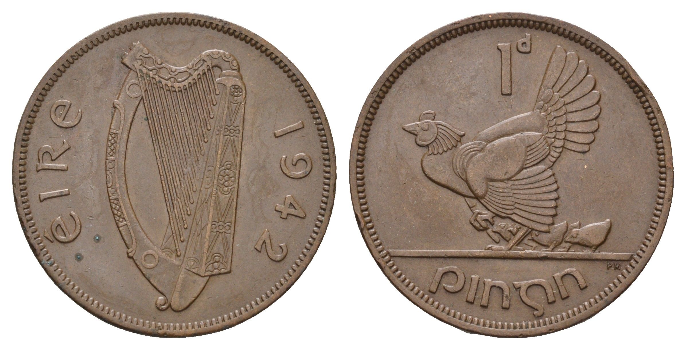 Ирландия 1 пенни 1942 курица с цыплятами KM 11 бронза 4672-731