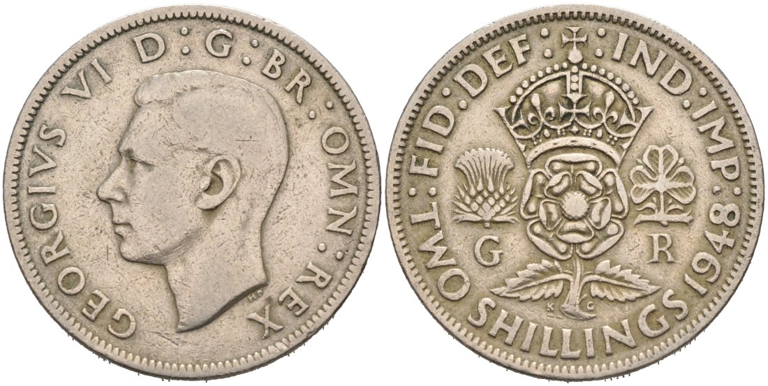 Великобритания 2 шиллинга (флорин) 1948 Георг VI (1936-1952) KM 865, Spink 4102 медно-никель 4572-1012