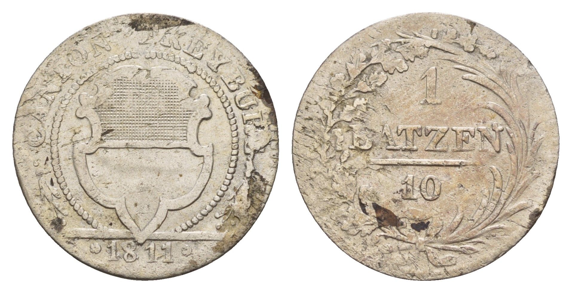 Швейцарские Кантоны, Фрибур 1 батцен = 10 раппенов 1811 год-тип KM 75 серебро 650-1422