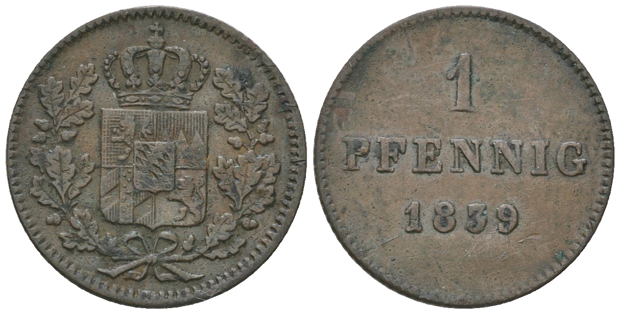 Бавария 1 пфенниг 1839 Людвиг I (1825-1848) KM 341, Wittelsbach 2776, AKS 94, BST 213 медь 54-815
