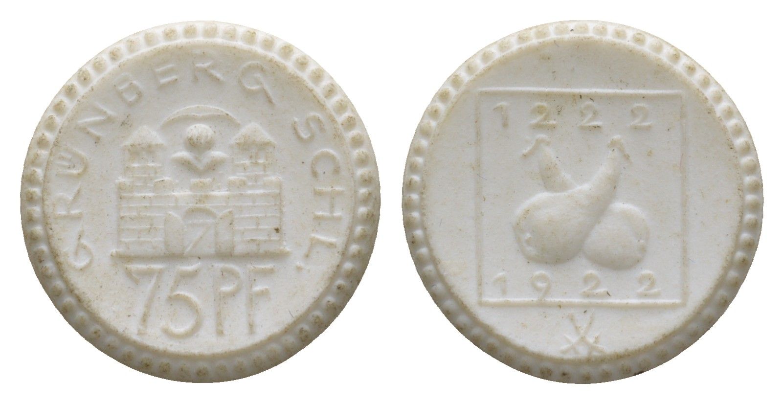 Грюнберг 75 пфеннигов 1922 Men05 9888.4, Men22.2 12320.4 фарфор 1094-7-45