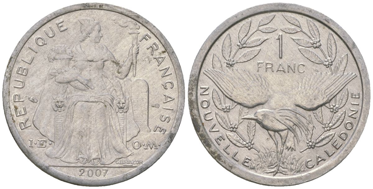 Французская Новая Каледония 1 франк 2007 птица кагу, (IEOM) KM 10, Schoen 10 алюминий 55-132