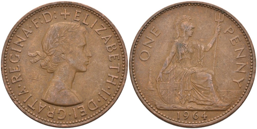Великобритания 1 пенни 1964 Елизавета II (1952-2022) KM 897, Spink 4157 бронза 4574-226