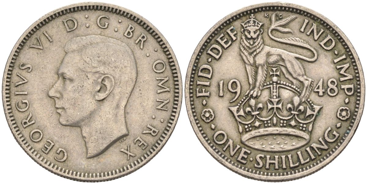 Великобритания 1 шиллинг 1948 Георг VI (1936-1952), Английский герб KM 863, Spink 4103 медно-никель 4126-435