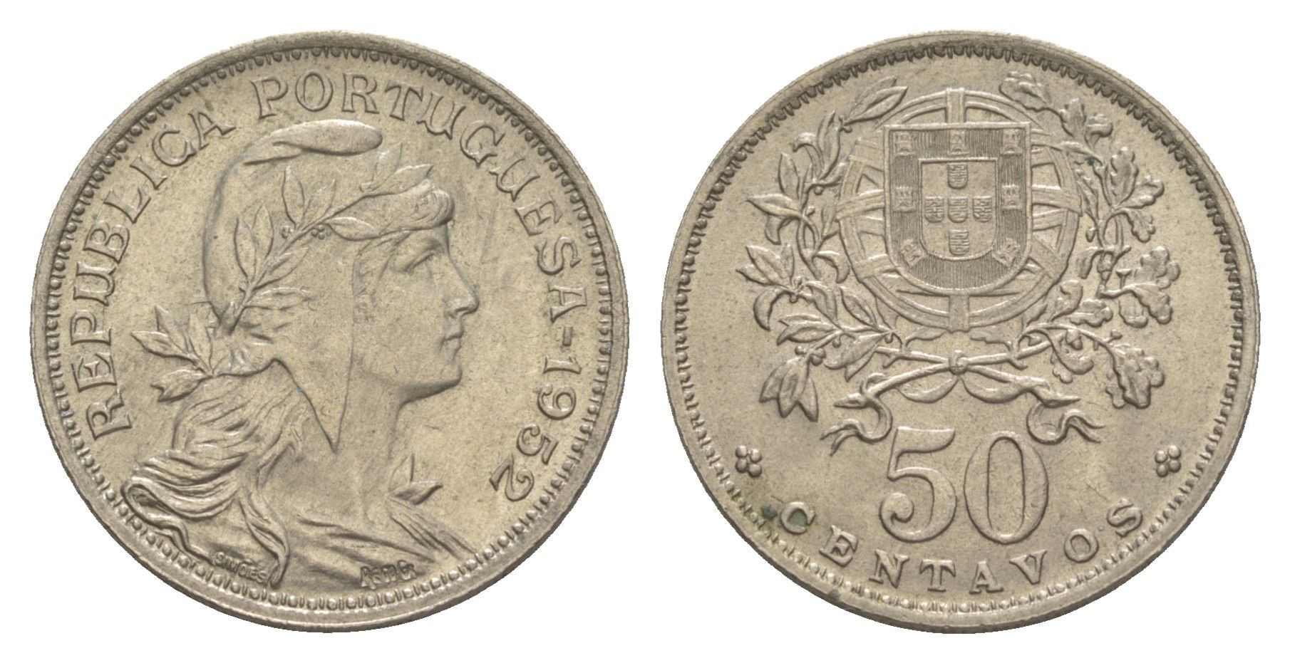 Португалия 50 сентаво 1952 KM 577 никель латунь UNC 4652-123