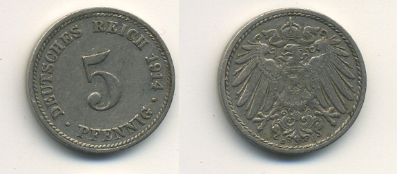 ГЕРМАНИЯ 5 ПФЕННИГОВ 1914 D, KM 11, J. 12 медно-никель 54-668
