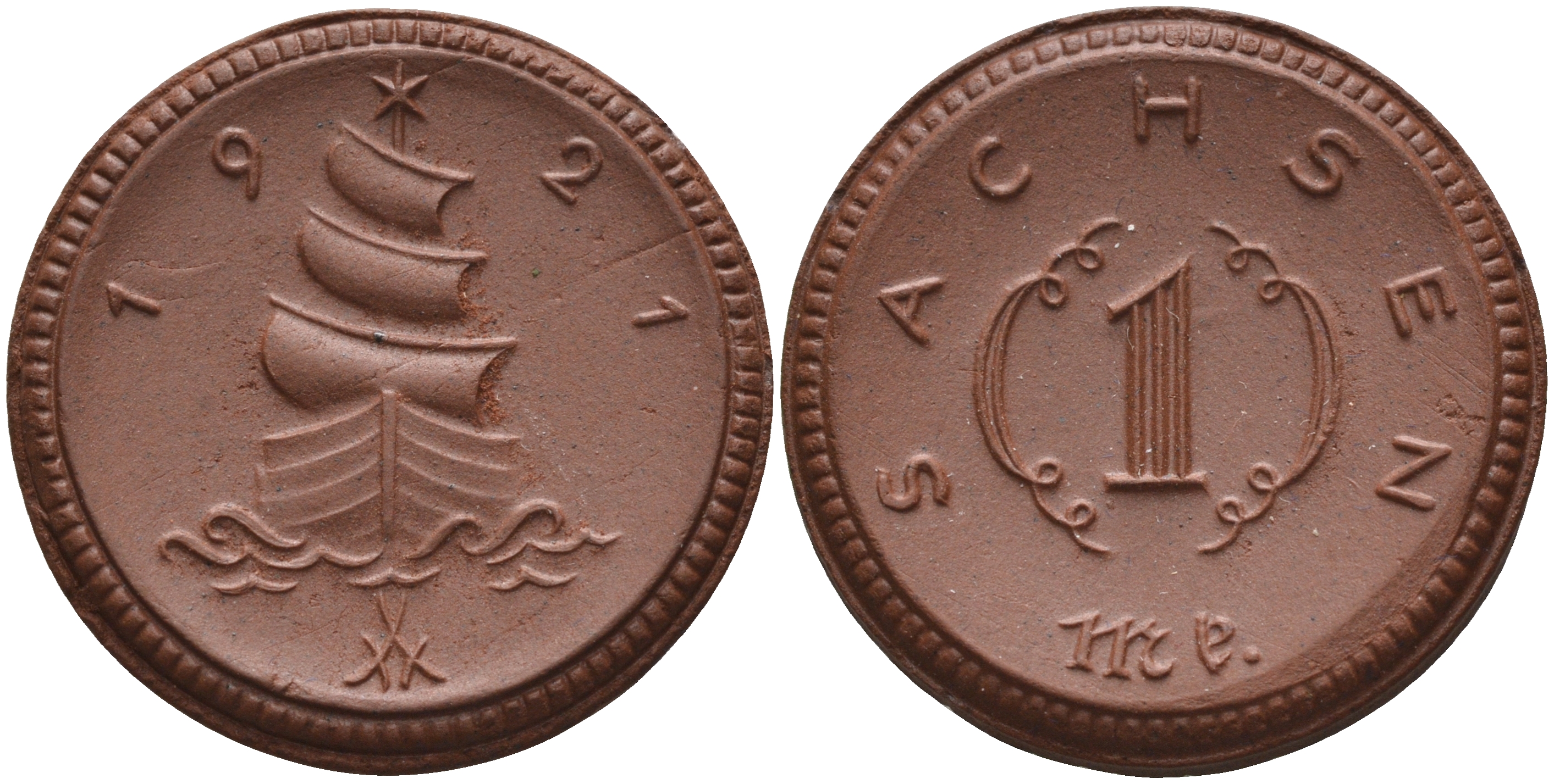 Саксония 1 марка 1921 парусник J. N 55 фарфор 1094-4-65