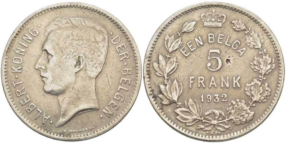 БЕЛЬГИЯ 5 ФРАНКОВ 1932 АЛЬБЕРТ I, DER BELGEN KM 98 никель 3851-411